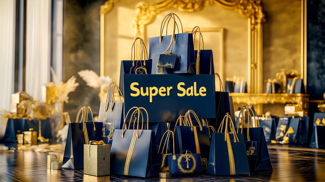 Golden balls and paper black bags SALE , retail promotions, discounts and social media marketing. Great sale offer. Advertising and attracting customers. - Powered by Adobe