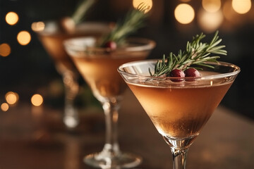 Three festive cocktails with cranberries and rosemary are standing on a bar top with sparkling lights in the background