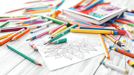 Coloring supplies and a sketchbook scattered on a wooden table, perfect for creative leisure activities.