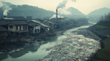A River Polluted by Industrial Waste and Trash Near a Factory
