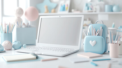 Light, modern workspace with a laptop, pastel accessories, and organized stationery.