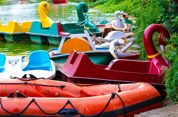 Colorful boats at boat house at Yercaud hill station, Tamil Nadu, south India, India 