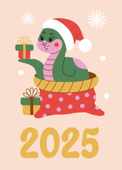 Cute festive snake wearing Santa hat, sitting in a gift sack with presents. Perfect for celebrating New Year 2025, symbolizing the Chinese zodiac. Flat style illustration for holiday decor.
