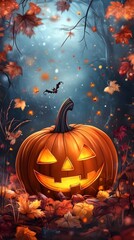Glowing Jack o Lantern Surrounded by Autumn Leaves and Bats in Spooky Night Forest Landscape