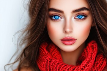 Naklejka premium Stunning portrait of woman with blue eyes red scarf
