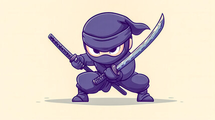 Cute ninja warrior holding two swords ready to fight