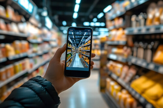 A person is using a smartphone with an augmented reality app to enhance their shopping experience in a contemporary grocery store filled with products - Powered by Adobe