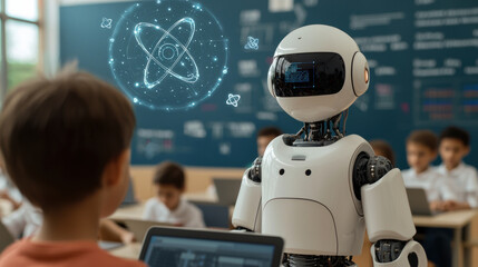 robot interacts with child in classroom setting, showcasing advanced technology and education. background features students engaged with laptops, emphasizing modern learning environment