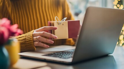 Obraz premium A person sitting at a desk, shopping online using a laptop