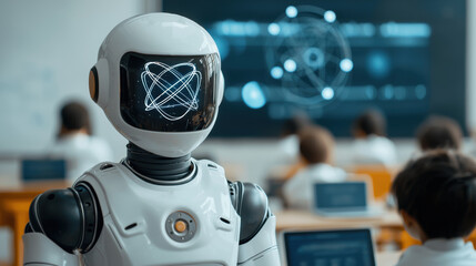 futuristic robot with digital face stands in classroom, showcasing advanced technology. Students are engaged with laptops, highlighting modern learning environment