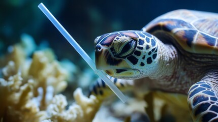 Sea Turtle Entangled in Plastic Straw