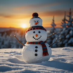 Obraz premium Funny Winter Holiday Snowman and Warming
