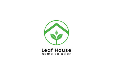 Leaf House home solution logo with green leaf and house.