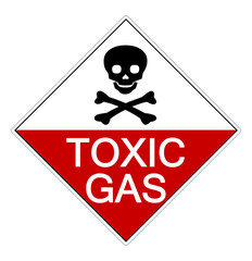 Toxic gas. Red and white diamond shaped hazard sign with skull and crossbones symbol. Text in the lower side