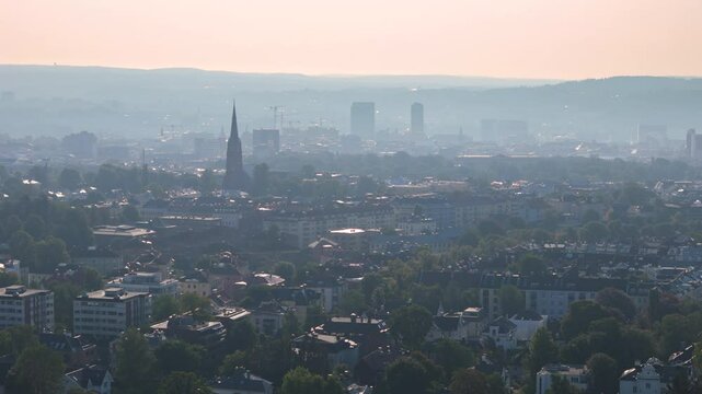 Hazy summer aerial view looking east across Oslo city from Frogner Park, Norway