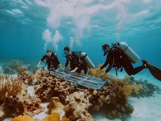 Scuba Divers Exploring Vibrant Underwater Coral Reef Ecosystem