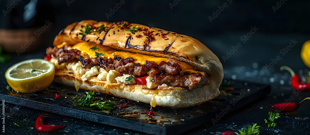 Poster turkish street food sandwich with cheese and meat served on a black griddle with a side of lemon cre
