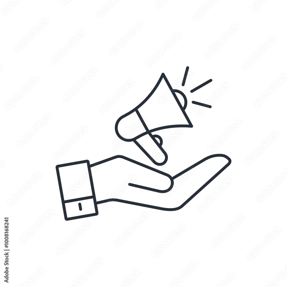 Poster hand with a megaphone. support action. vector linear icon isolated on white background.