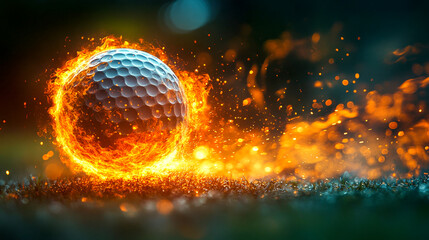 Golf ball ablaze as it soars through the air over the green turf