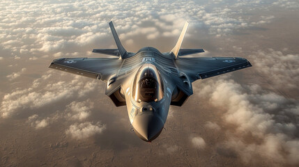 Lockheed martin f-35 lightning ii is flying over a desert landscape with clouds