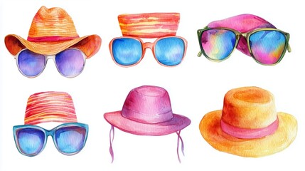 A colorful assortment of summer hats and sunglasses laid out for a fun beach day in bright, vibrant colors and playful patterns