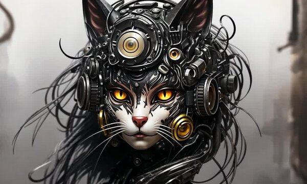 Chat cybern&eacute;tique steampunk avec t&ecirc;te et visage orn&eacute;s de c&acirc;bles, engrenages et dispositifs m&eacute;caniques, regard per&ccedil;ant dor&eacute;, effet de zoom et d&eacute;zoom sur le sujet