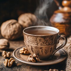 Fototapeta premium Steaming cup of coffee with walnuts.