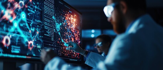 Group of scientists in a conference room, one presenting data on a large screen, vibrant visuals of molecules and scientific diagrams