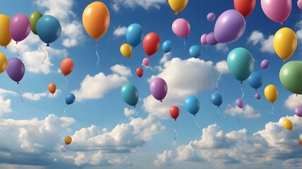 "Background with colorful balloons floating in a blue sky with clouds."

