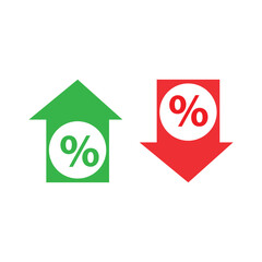 Percent arrow icon. Growth, increase, decrease arrow filled icons. Up arrows, down arrows. Vector