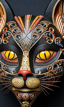Zoom sur un masque traditionnel en bois africain peint avec un chat en relief, expression artistique tribale
