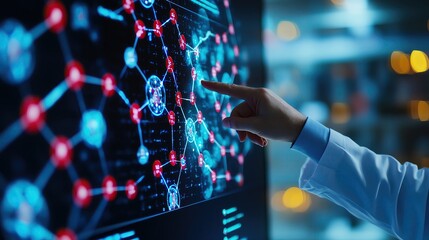 Scientist pointing to a 3D model of a molecule during a presentation, vibrant and detailed visuals, focus on chemistry and innovation