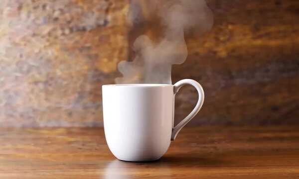 Mug bleu clair avec une boisson chaude fumante, comme caf&eacute;, th&eacute;, tisane ou infusion, pos&eacute; sur une surface en bois avec un background textur&eacute; marron