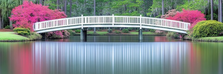 old wooden bridge in nature over flowing river