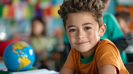 Young schoolboy smiling confidently in a colorful classroom during a learning activity