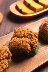 Bolu kukus gula merah (brown sugar steamed sponge cake). with copy space. perfect for recipe, article, catalogue, or any commercial purposes.