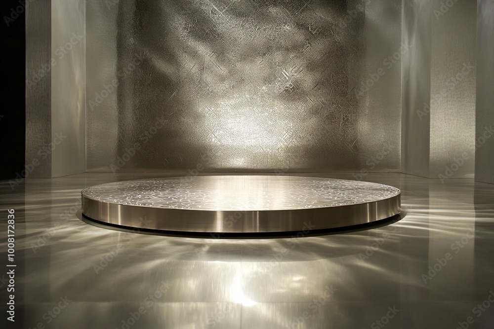Poster a circular metal platform sits in a modern, minimalist room the platform has a textured surface and 