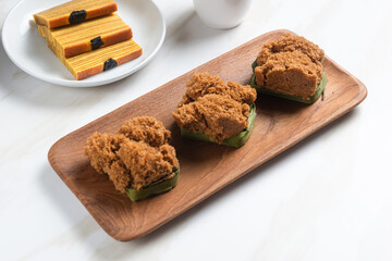 Bolu kukus gula merah (brown sugar steamed sponge cake). with copy space. perfect for recipe, article, catalogue, or any commercial purposes.