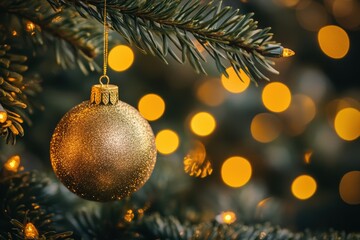 Festive Christmas tree bauble sparkling amongst holiday lights