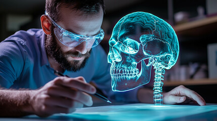 A scientist analyzes the hologram of a human skull. The concept of advanced technology in medical research, emphasizing innovation in anatomy studies and scientific discovery. Generative AI.