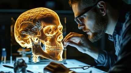 A scientist analyzes the hologram of a human skull. The concept of advanced technology in medical research, emphasizing innovation in anatomy studies and scientific discovery. Generative AI.