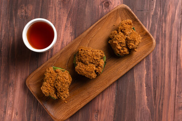 Bolu kukus gula merah (brown sugar steamed sponge cake). with copy space. perfect for recipe,...