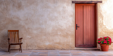 Simple wooden chair beside a colorful flower pot and rustic door against a textured wall