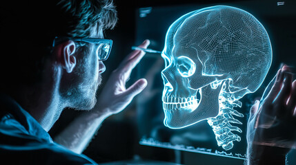 A scientist analyzes the hologram of a human skull. The concept of advanced technology in medical research, emphasizing innovation in anatomy studies and scientific discovery. Generative AI.
