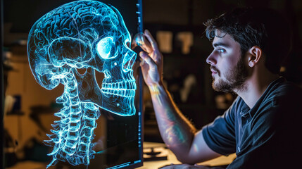 A scientist analyzes the hologram of a human skull. The concept of advanced technology in medical research, emphasizing innovation in anatomy studies and scientific discovery. Generative AI.