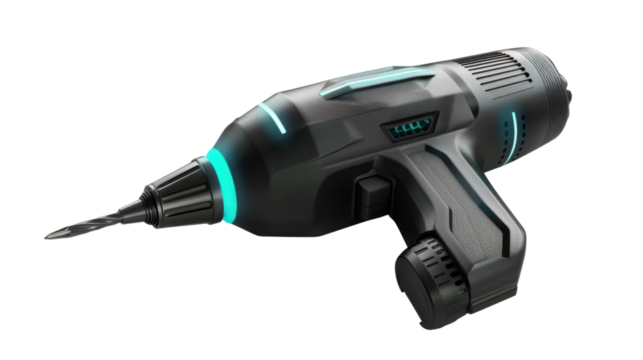 Future wireless electric screwdriver with LED light on white background