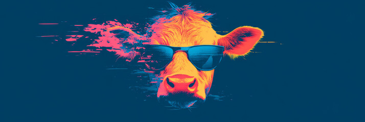 Cool cow in sunglasses with a digital glitch effect.