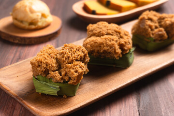 Bolu kukus gula merah (brown sugar steamed sponge cake). with copy space. perfect for recipe, article, catalogue, or any commercial purposes.