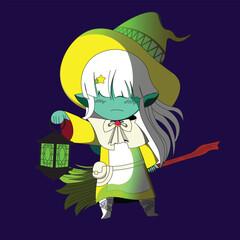 witch with a broom and lantern