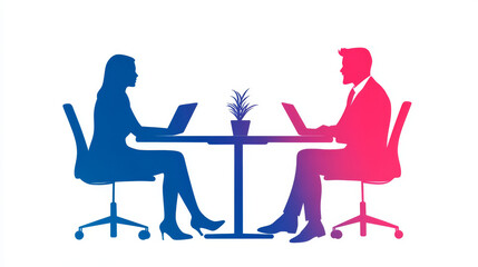 Silhouettes of a woman and man working on laptops.